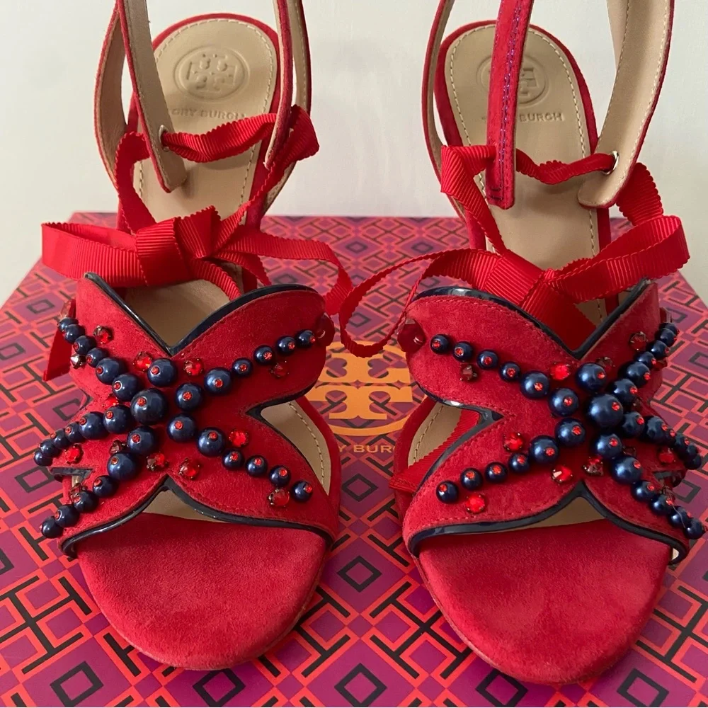 TORY BURCH NIB Seaside Red Suede Beaded Ribbon Ankle Strap Heels 7